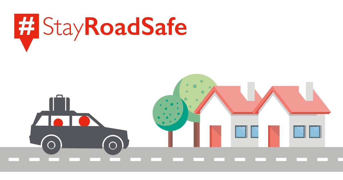 An illustration of a car driving to a house to represent the #StayRoadSafe campaign.